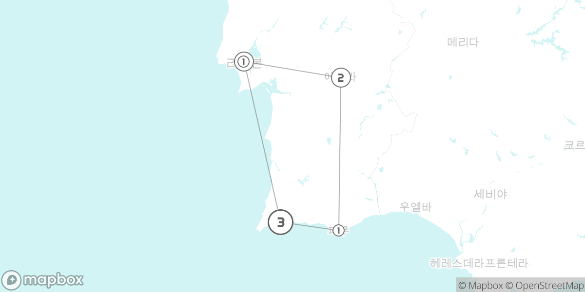 알렌테주 고성과 알가르브 해변, 포르투갈 남부 완전 정복 루트 지도