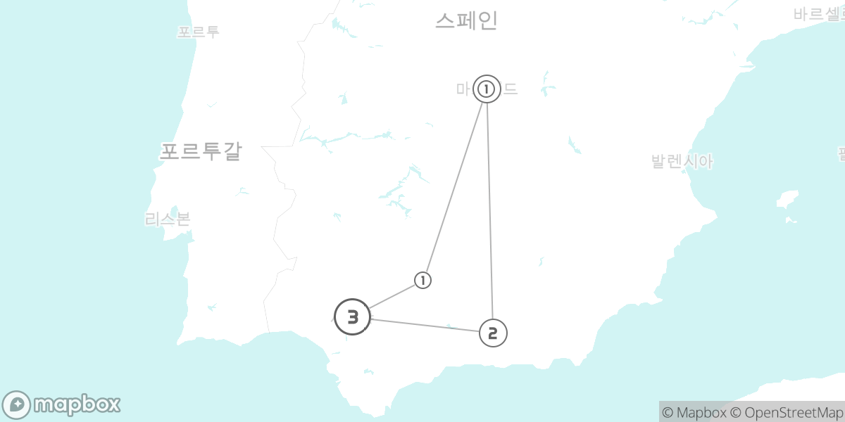 마드리드와 안달루시아 4대 도시 그랜드 투어 루트 지도