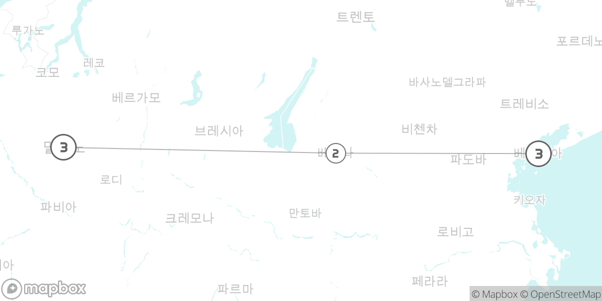북부 이탈리아 핵심 정복 (밀라노-베로나-베네치아) 루트 지도