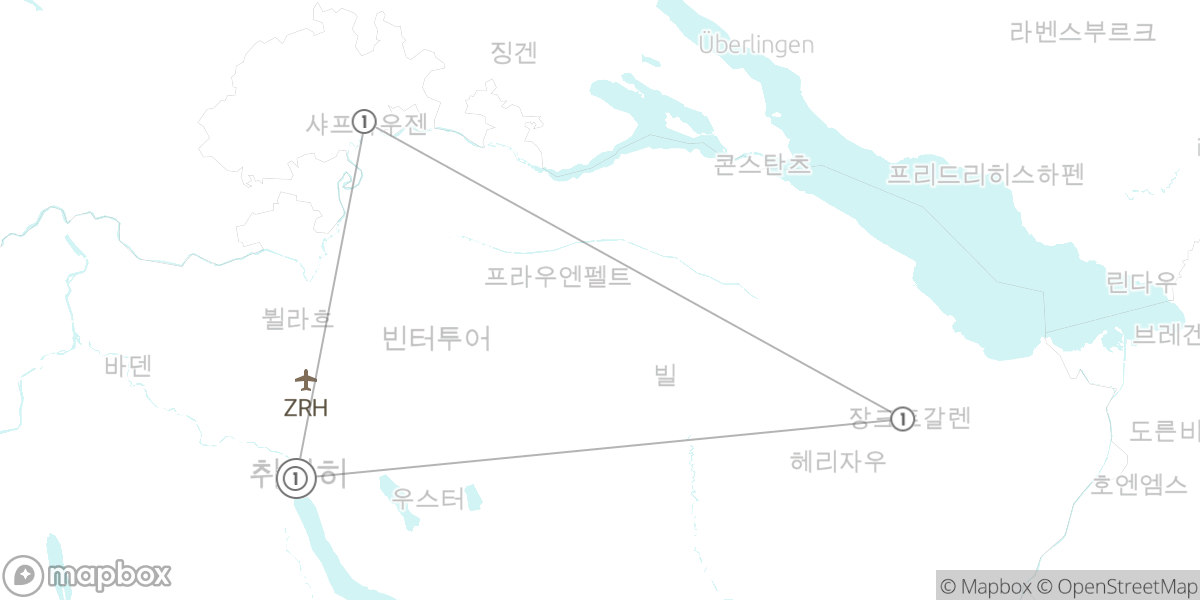 취리히와 스위스 북동부 핵심 5일 코스 루트 지도