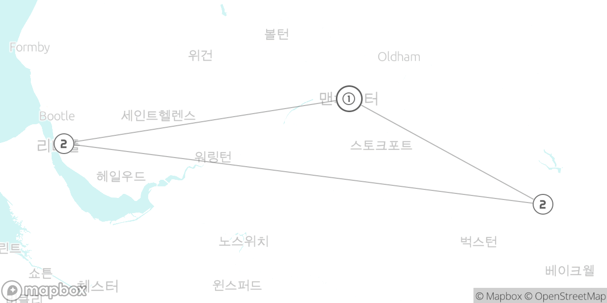산업혁명과 브릿팝의 성지: 맨체스터, 리버풀, 피크 디스트릭트 루트 지도