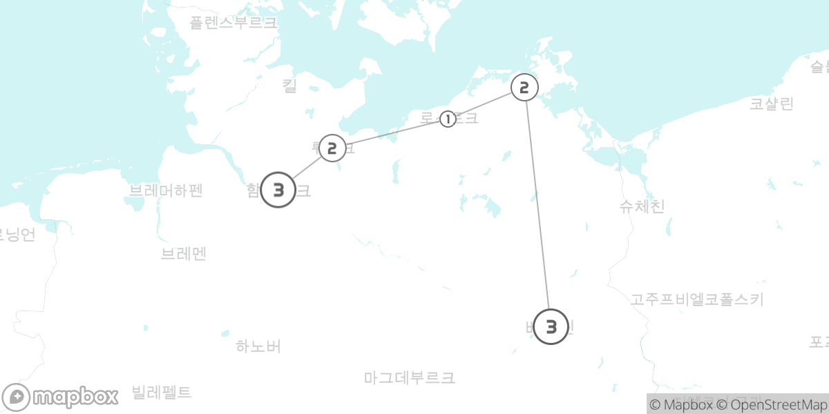 발트해의 낭만, 해안 도시와 뤼겐 섬 일주 루트 지도