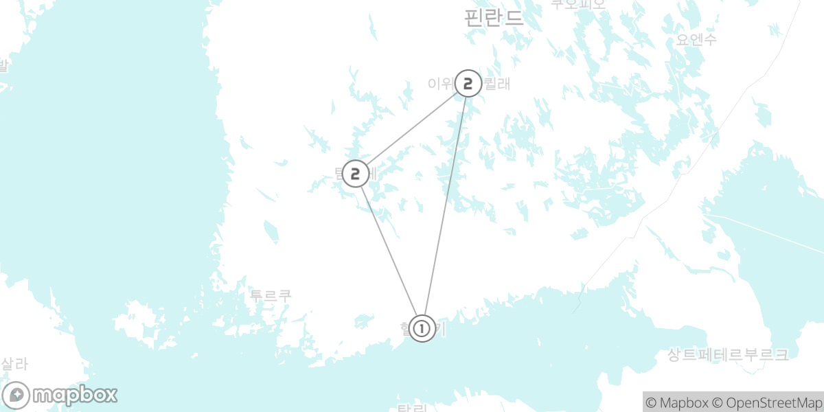 핀란드 호수 지역 핵심 코스: 헬싱키, 탐페레, 유바스퀼라 루트 지도